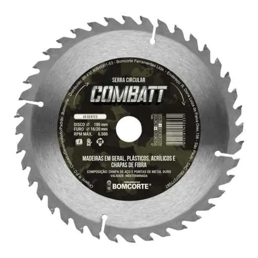 DISCO MADEIRA 40 DENTES COMBAT 7.1/4X16O BOMCORTE